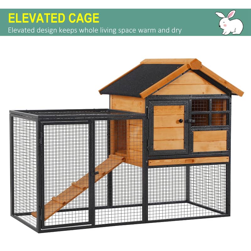 PawHut 2-Level Rabbit Hutch with Openable Hinged Asphalt Roof, Removable Tray for Backyard