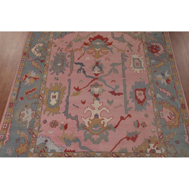 Pink Oushak Area Rug Handmade Transitional Floral Wool Carpet - 9'0"x 12'0"