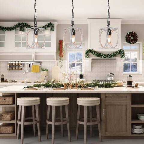 Farmhouse 1-Light Distressed White Cage Lantern Pendant for Kitchen Island - Distressed White - L 5.5"x W 5.5"x H 10"