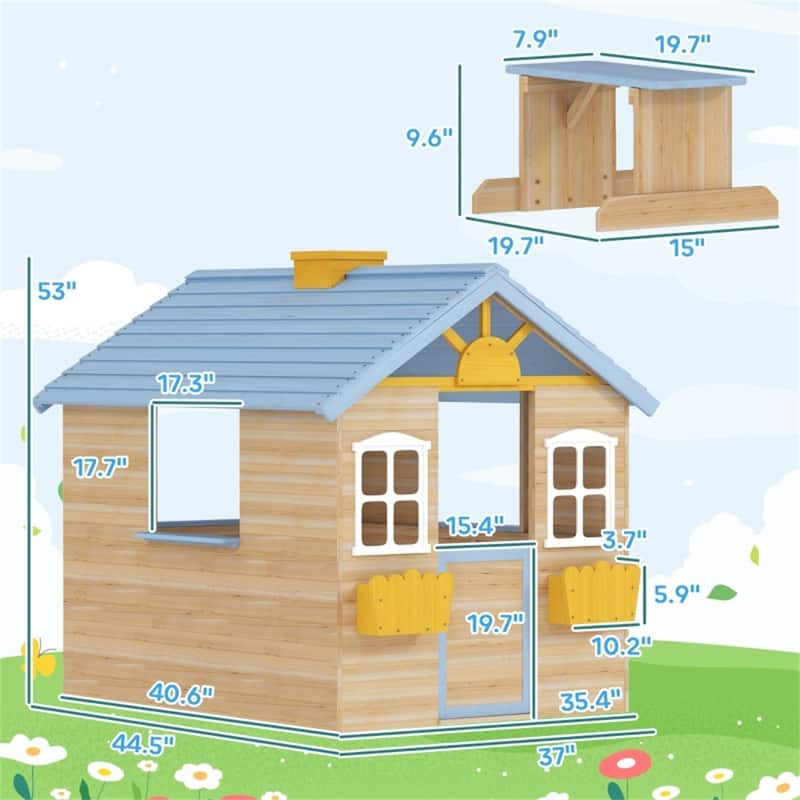 Natural Wood Kids Outdoor Playhouse with Bench Service Station and Flowerpot Holders for Backyard Fun Ages 3 to 7
