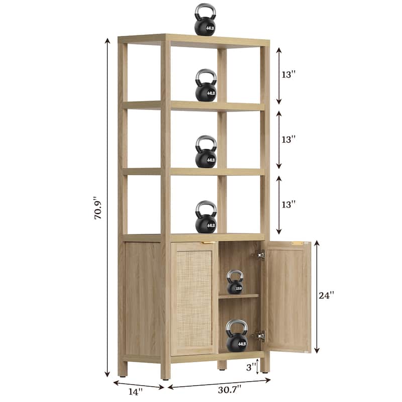 SICOTAS 5 Tier Adjustable Bookshelf with Rattan Storage Cabinet