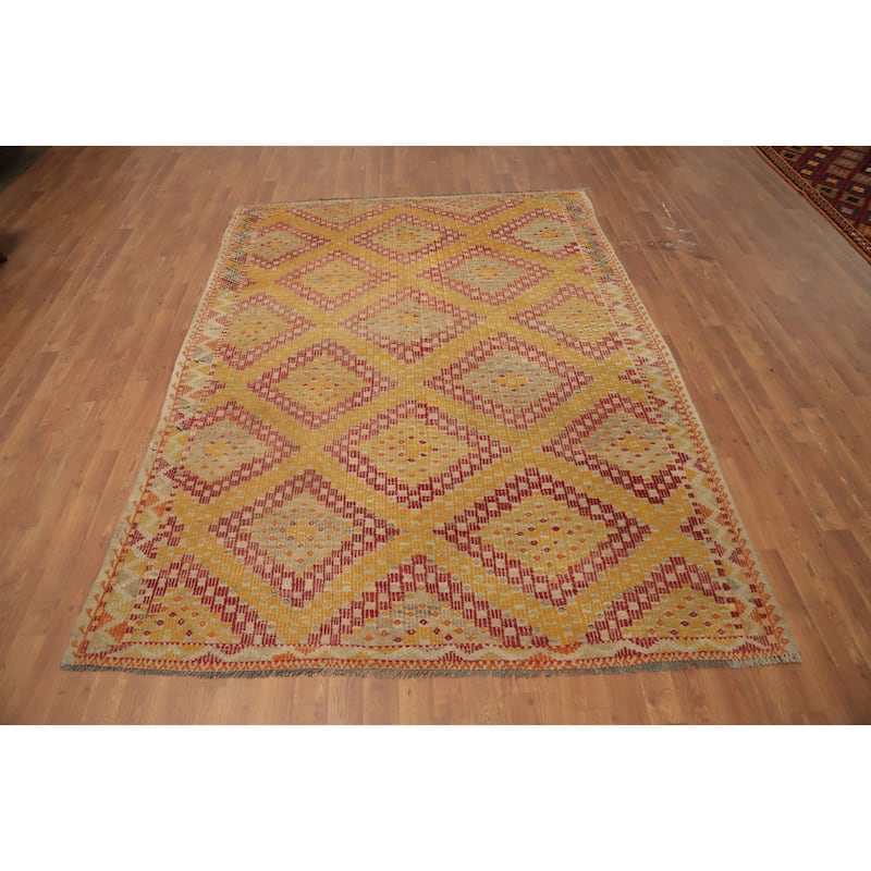 Hand Woven Oriental 100% Wool Carpet Southwestern Tribal Oranges & Rust Kilim Area Rug - 8' 5'' X 6' 2''
