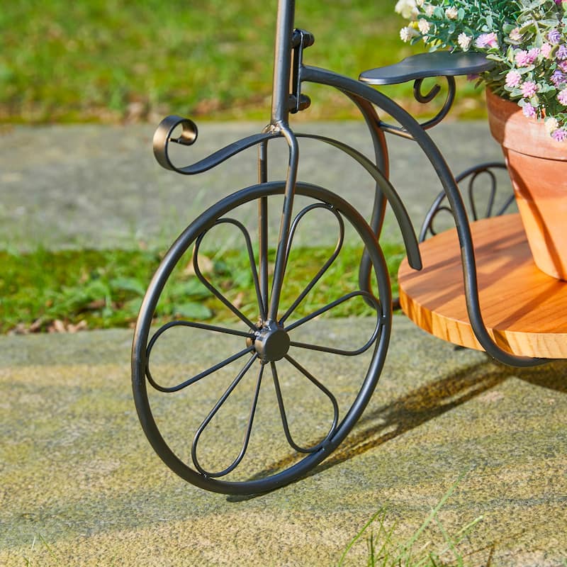 Glitzhome 24"L Spring Metal Tricycle Planter Stands Flower Pot Cart with Wood Trays