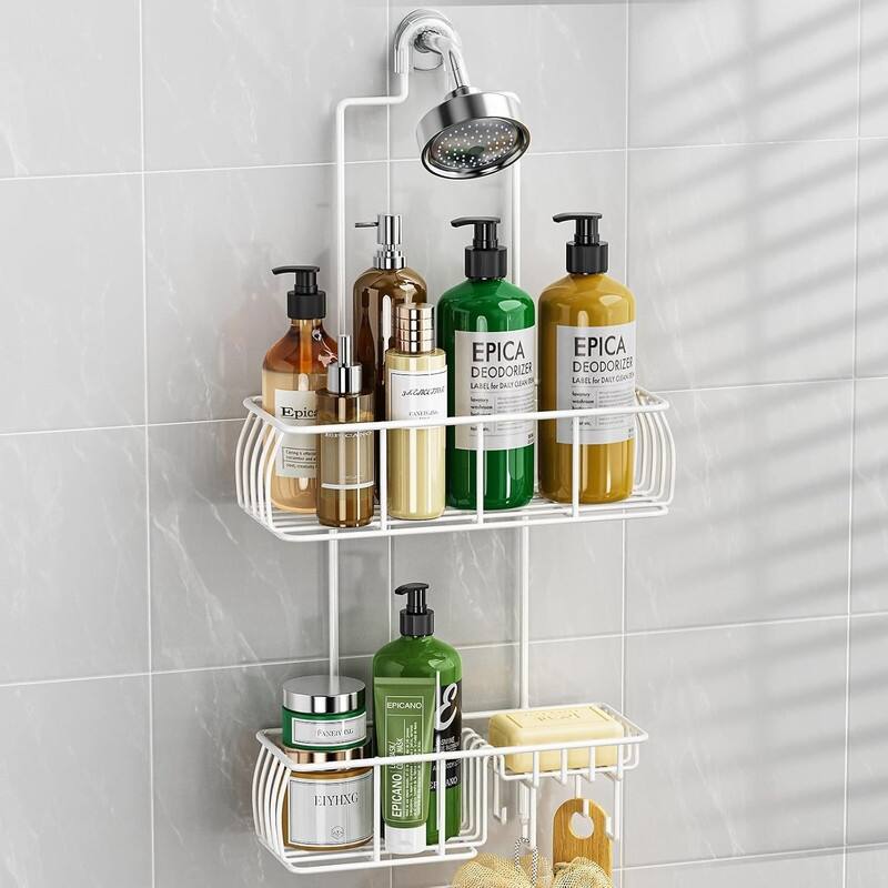 Shower Caddy Hanging, Anti-Swing Over Head Shower Caddy Rustproof with hooks for Towels, Sponge and more - White