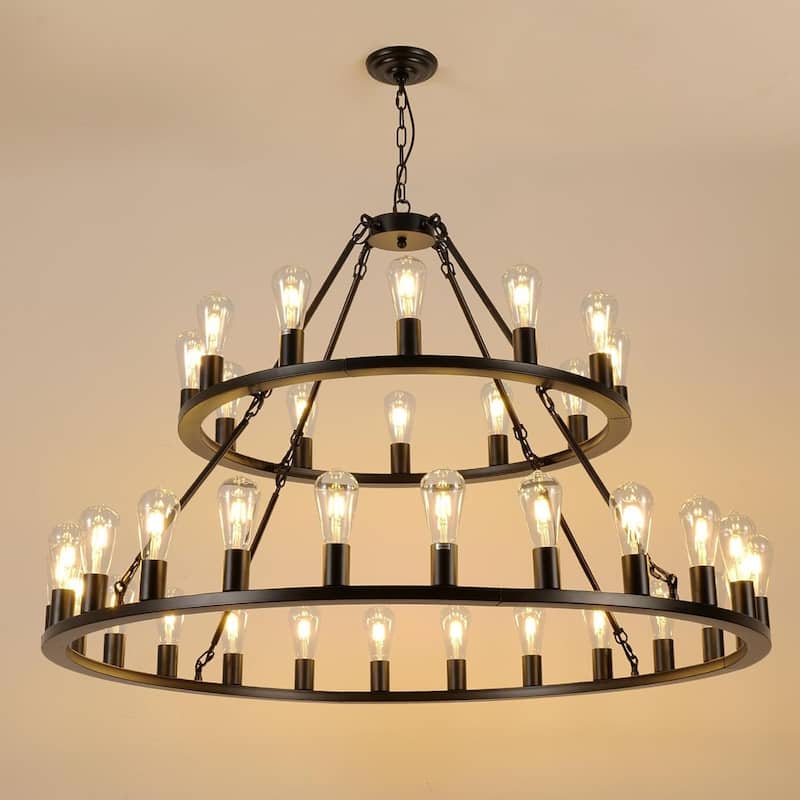 52"Extra Large Wagon Wheel Chandelier, 2 Tier 36-Lights Round High Ceiling Pendant Light Adjustable Chain