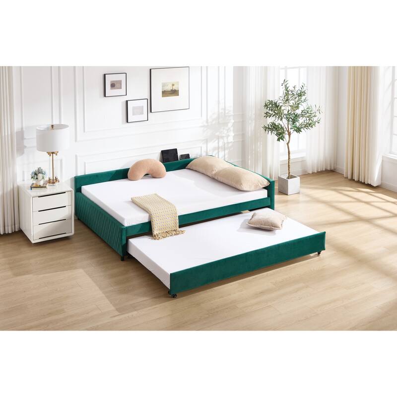 Upholstered Daybed with Trundle - Modern Diamond Grid Design on Sturdy Wood Frame for Guest Room