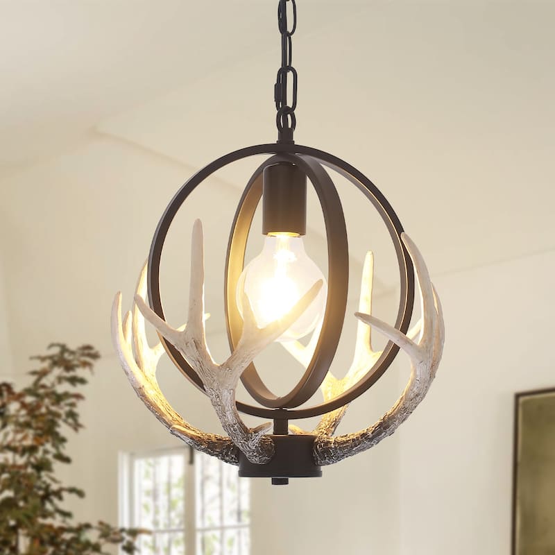 13inch Single Light Antler Rustic Farmhouse Style with Metal Frame Chandelier - Black
