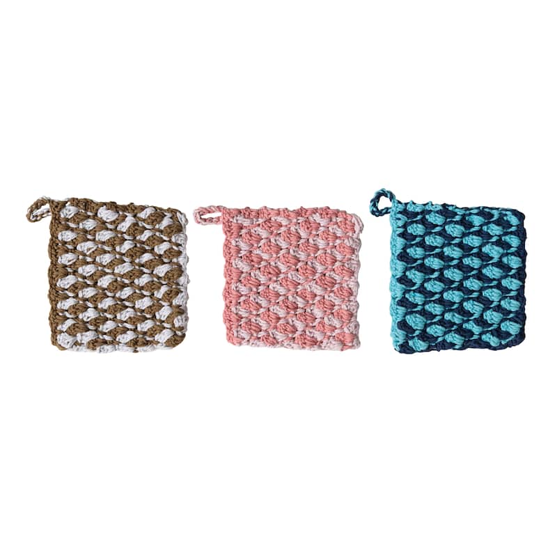 Woven Cotton Crocheted Pot Holder - 8.0"L x 8.0"W x 0.5"H - 8.0"L x 8.0"W x 0.5"H - Multi