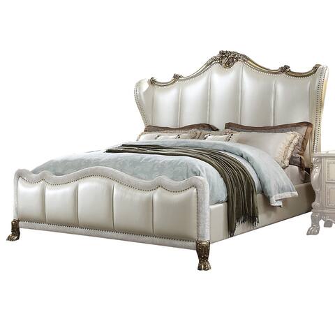 Crowned Leatherette Upholstered Eastern King Wooden Bed, Champagne Silver