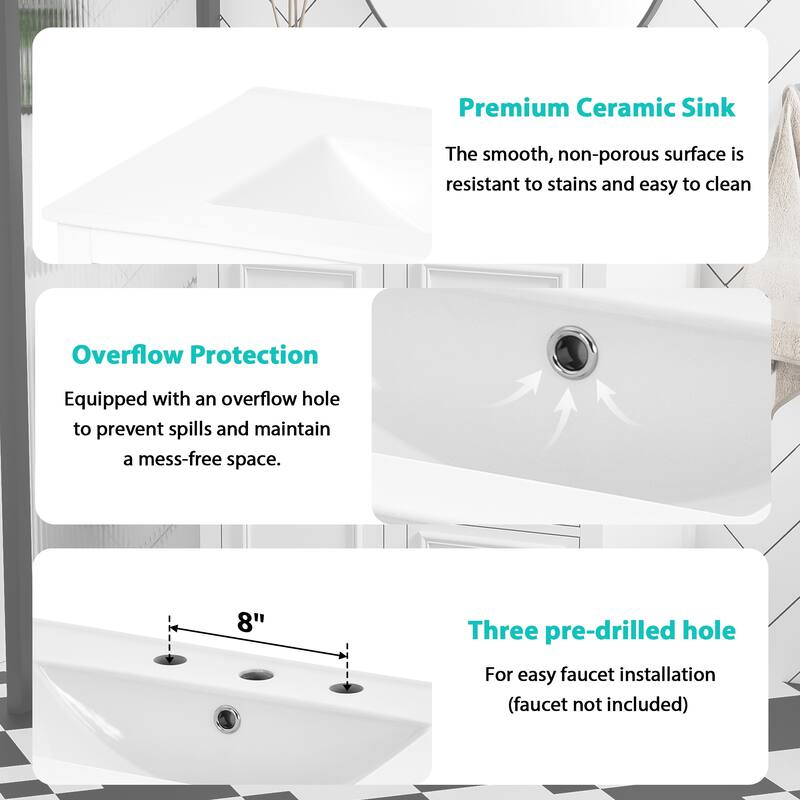 GDFStudio - Aster 30" Bathroom Vanity Cabinet with Basin, 3 Drawers & Adjustable Shelves