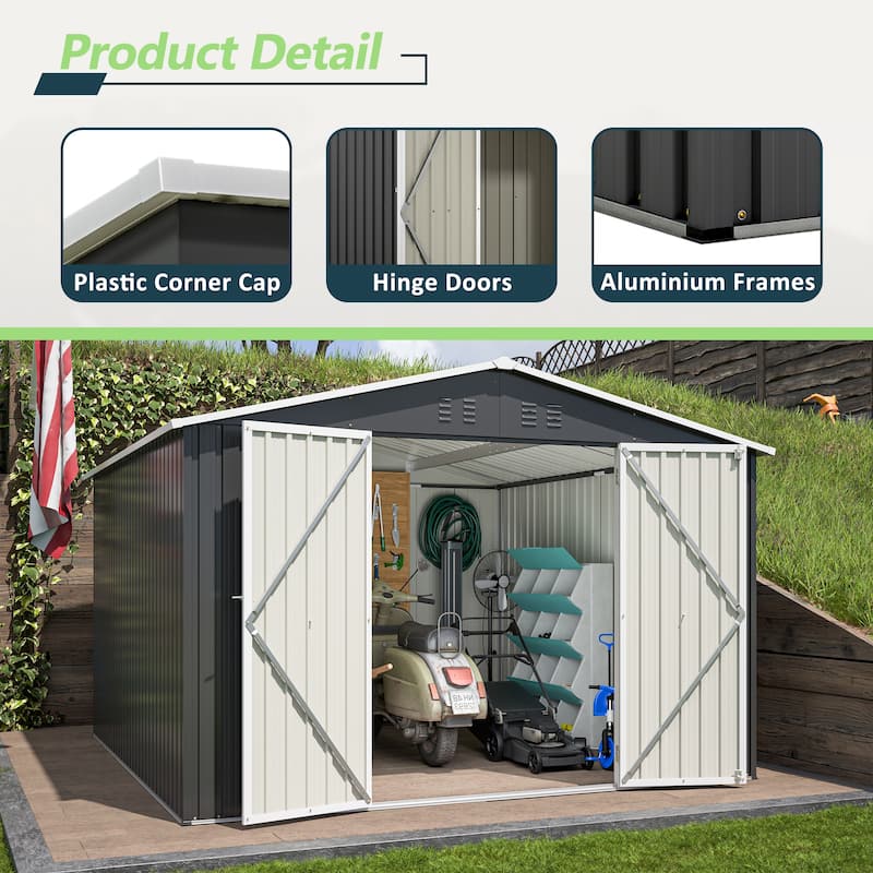 GDFStudio - Cassandra Large 10 x 10 FT Outdoor Metal Storage Shed with Lockable Doors