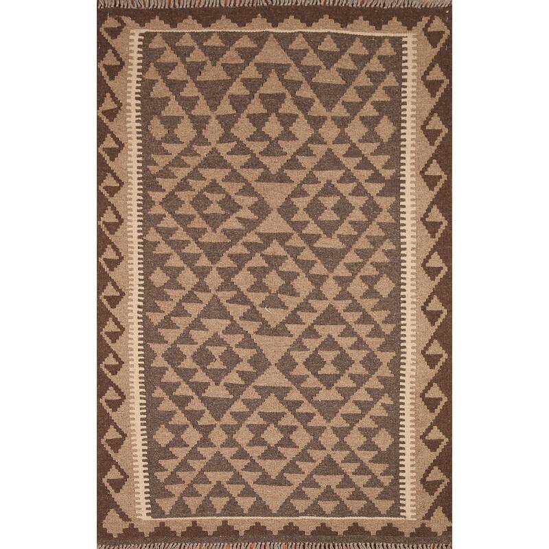 Flat-weave Kilim Area Rug Reversible Brown Wool Carpet - 3'2" x 4'10"