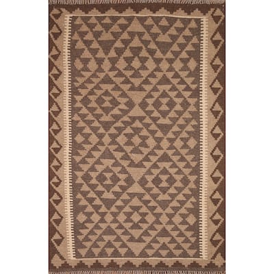 Flat-weave Kilim Area Rug Reversible Brown Wool Carpet - 3'2" x 4'10"