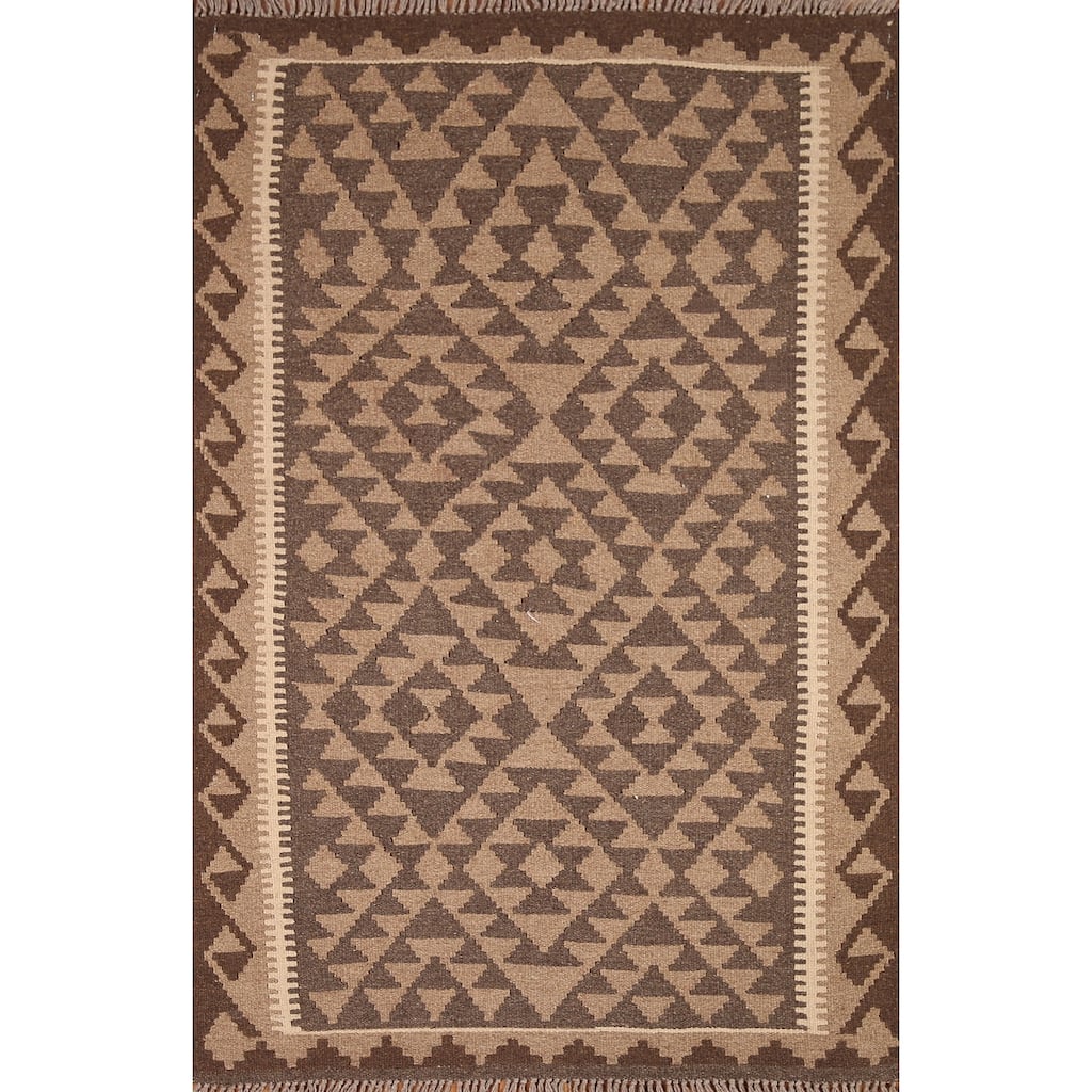 Flat-weave Kilim Area Rug Reversible Brown Wool Carpet - 3'2" x 4'10"