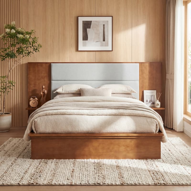 Christopher Knight Home - Avery Platform Bed Frame with Upholstered Headboard & Built-In Side Shelves, No Box Spring Needed