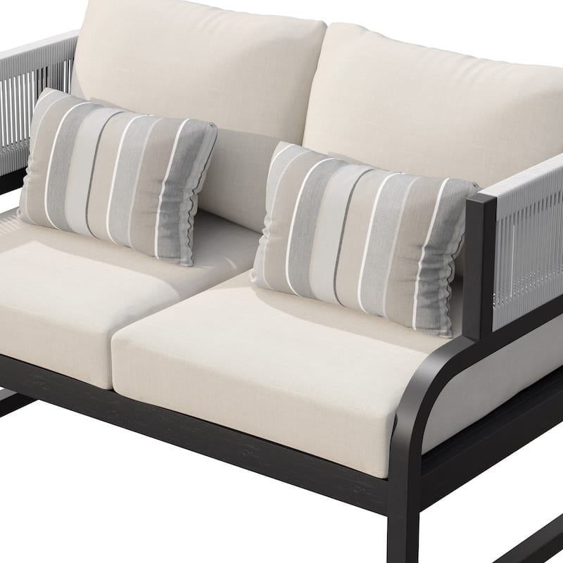 Corvus Rocio 3-piece Outdoor Acacia Conversation Set with Sunbrella Cushions and Pillows - Beige / Black