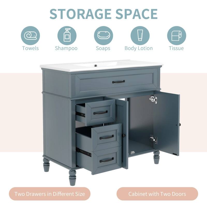 36" Bathroom Vanity with Ceramic Sink, Drawers, Solid Frame and MDF Board