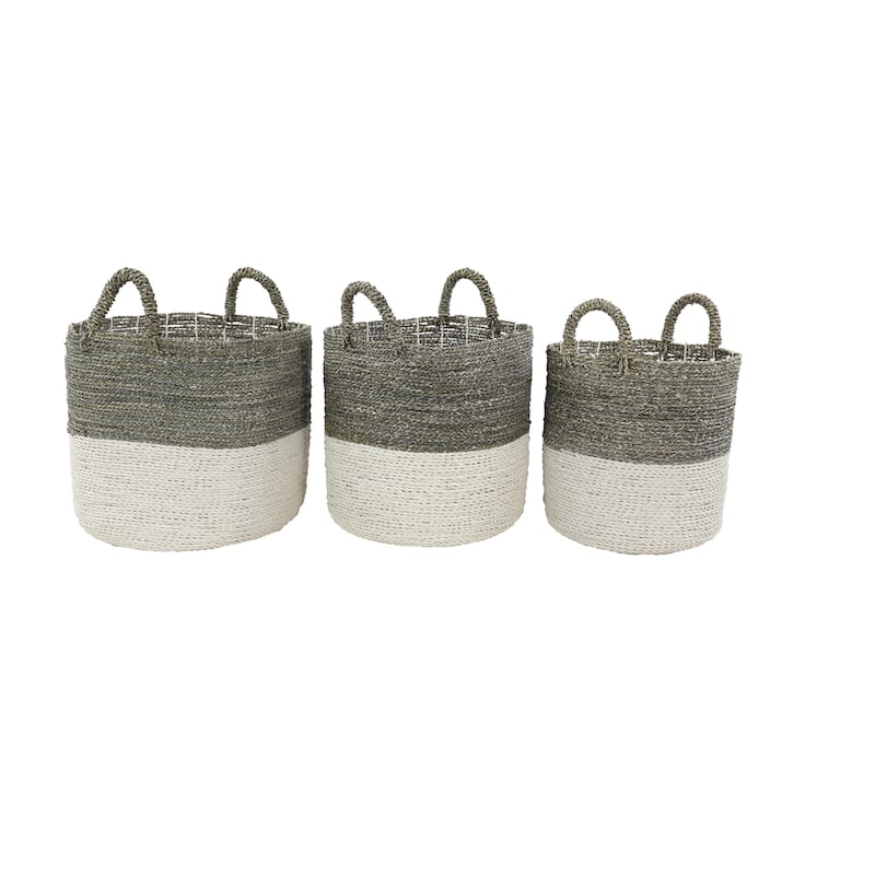 Seagrass Handmade Two Toned Storage Basket with Handles - Set of 3 White - Roche River Decor - White