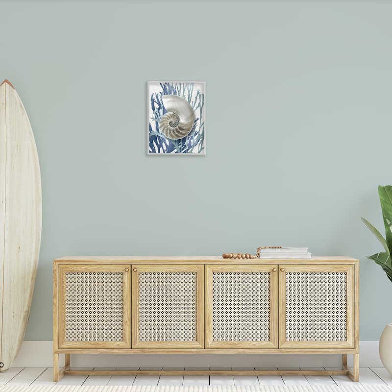 Stupell Shell Coral Beach Blue Design Framed Giclee Texturized Art by Caroline Kelly