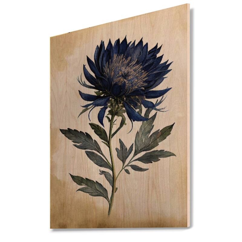 Designart 'Blossoming Blue Retro Flower II' Floral Wood Wall Art - Natural Pine Wood