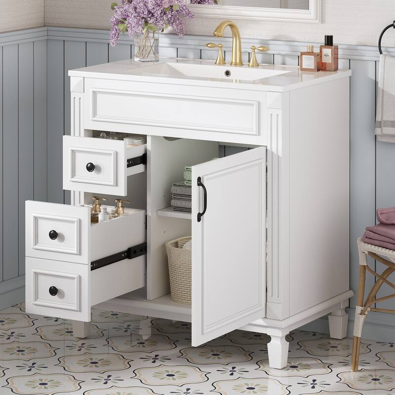 Small Bathroom Vanity with Sink, Freestanding Wood Bathroom Cabinet, Storage Cabinet with 2 Drawers & Adjustable Shelf