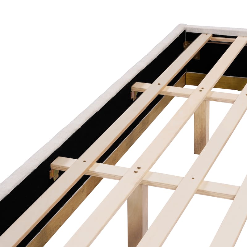 Beige Upholstered Bed with Vertical Stripes Headboard Linen Platform Bed