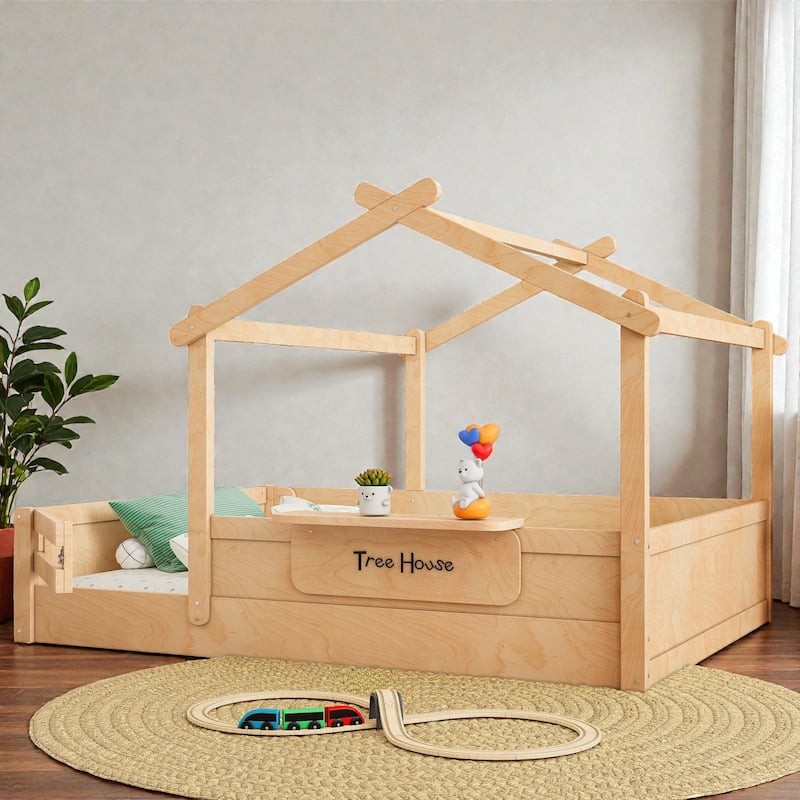 Kids House Floor Bed with Guardrails and Roof, Built-in Tray and Signboard, Montessori Floor Bed for Toddlers - Natural - Full