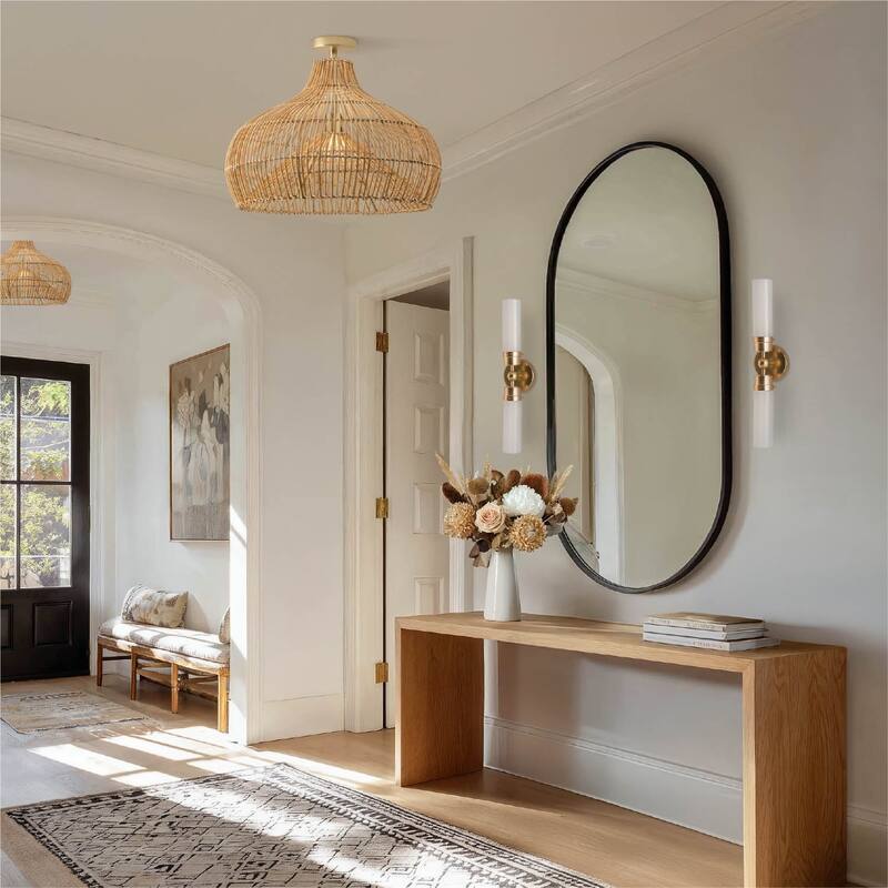 Oceania Rattan Flush Mount Rattan Natural Cone Handwoven Dimmable Ceiling Light for Bedroom or Hallway in Farmhouse, Boho Style