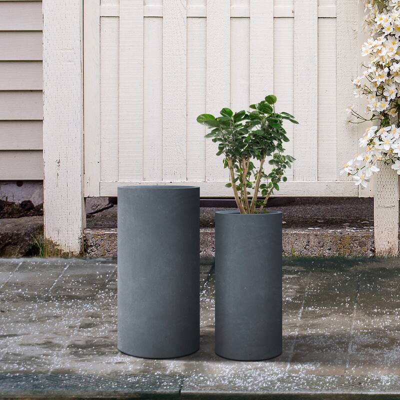 Kante 23.6", 18.9"H Charcoal Finish Concrete/Fiberglass Modern Planters (Set of 2)