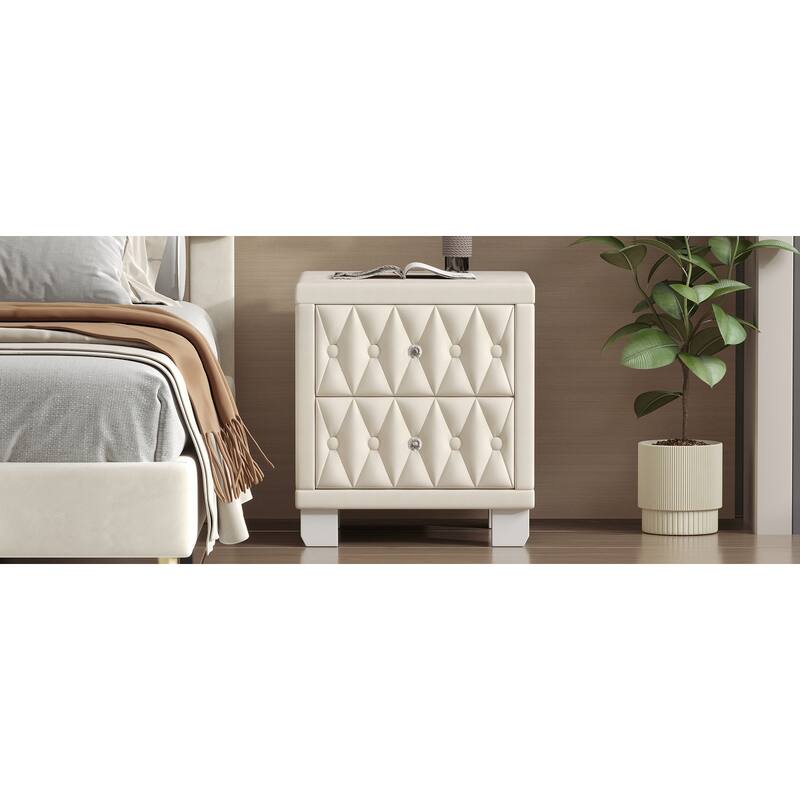 Anmytek Modern Elegant Velvet Nightstand 2 Drawers Crystal Handle Button Tufted Storage