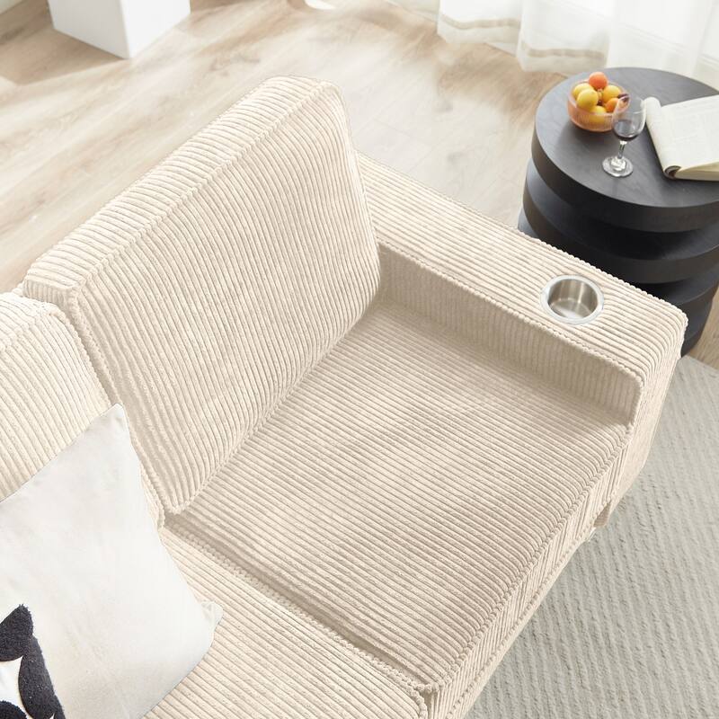 83.86" Corduroy Fabric 3-Seater Sofa with Cup Holders