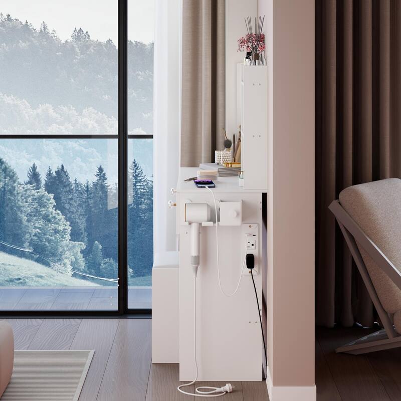 Full Body Mirror Cabinet +Round Mirror LED Vanity Table +Cushioned Stool,With 2 AC + 2 USB Power Station,17"Diameter LED Mirror