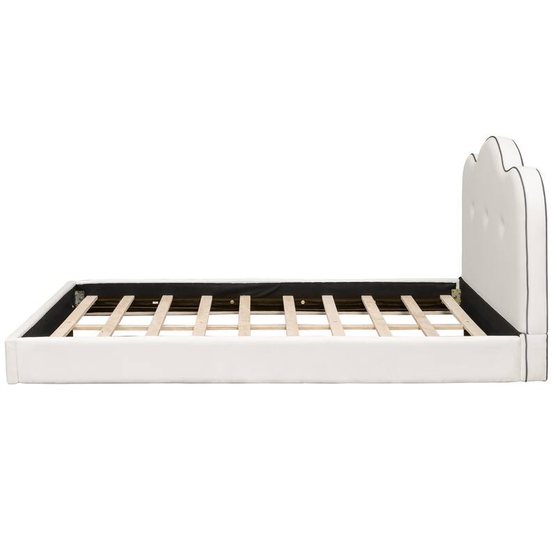 Beige Grounded Platform Bed Frame with Fabric Upholstered Headboard and Wooden Slats Support/No Box Spring Needed/Easy Assembly