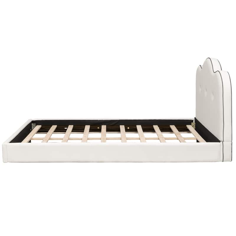 Modern Beige Upholstered Platform Bed with Curved Padded Headboard and Wood Slat Support, No Box Spring Needed