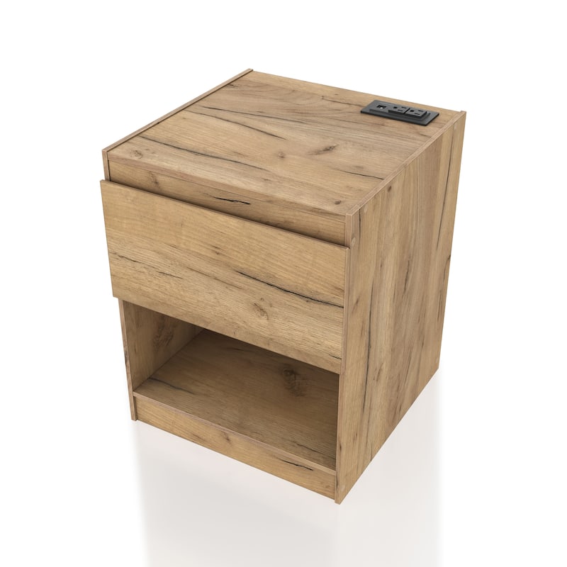 DH BASIC Rustic Light Oak 1-Drawer Nightstand with Charge Stand and Open Shelf by Denhour