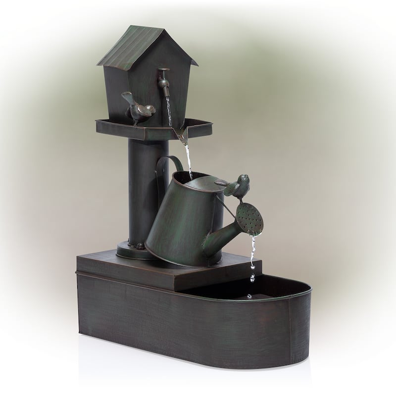 Alpine Corporation 24" Tall Indoor/Outdoor Birdhouse and Watering Can Floor Water Fountain