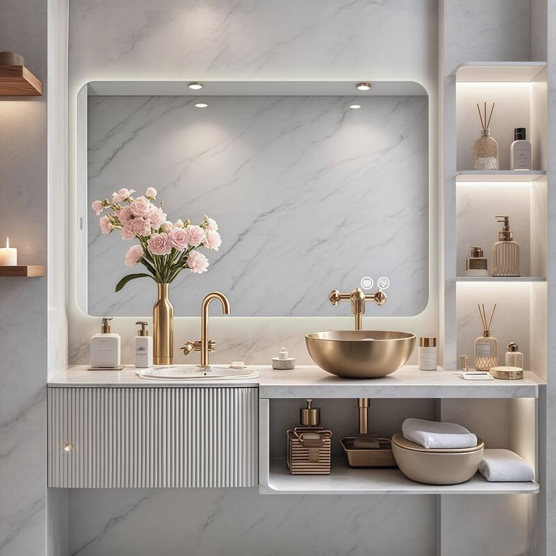 GDFStudio - Meridian Modern Rectangular Backlit Bathroom Wall Mirror, Adjustable LED Lighted, Memory & Aniti-Fog Function