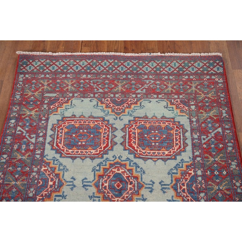 Geometric Kazak Accent Rug Hand-Knotted Blue Wool Carpet - 3'1"x 4'9"