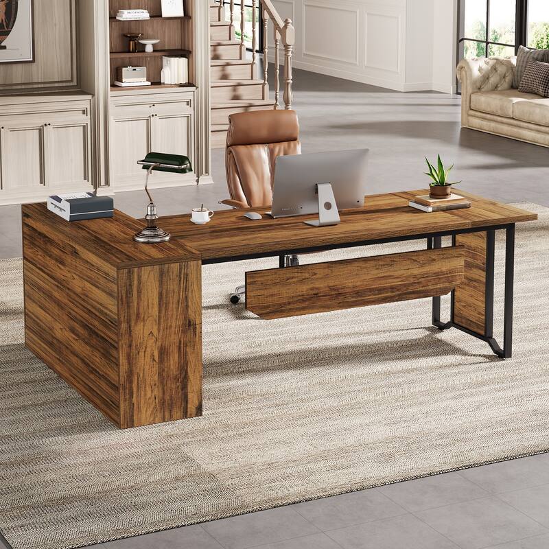78" L-Shaped Executive Desk, Large Office Desk with Double-Door Storage Cabinet - Brown