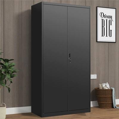 Black Metal Wardrobe Locker Storage Cabinet for Hanging and Folding Clothes, Armoire Wardrobe Closet with Hanging Rod and Lock