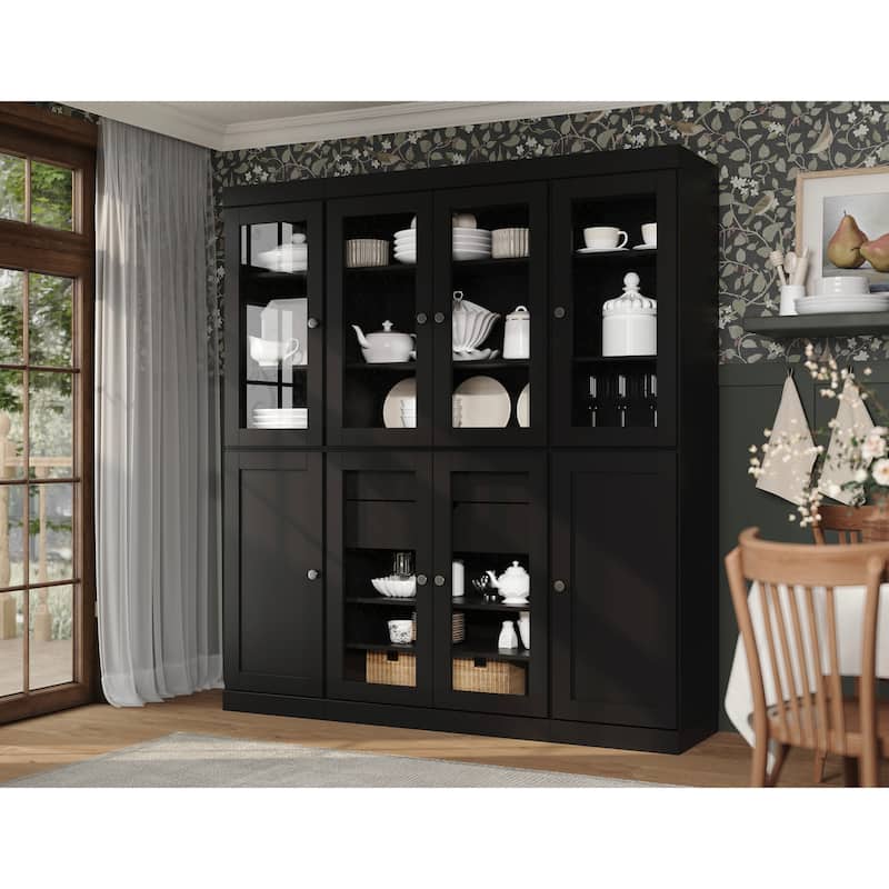 Palace Imports 100% Solid Wood 65" Pantry Cabinet with Clear Glass, Shaker Doors, 2-Drawers and Adjustable Shelves - Black