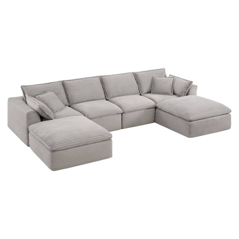 U Shaped Modular Sectional Sofa with Ottomans, Oversized Corduroy Upholstered Cloud Sofa, Fully Compressed 6 Seat Sofa