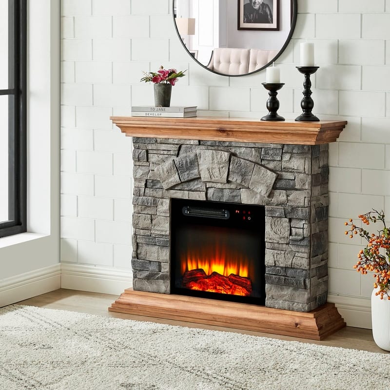 40 in. Faux Stone Freestanding Electric Fireplace - 40" in Width - Tuscan Walnut