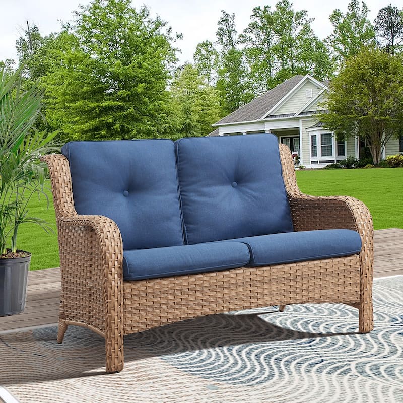 Gymojoy Outdoor Loveseat Wicker Sofa Set Rattan Sofa - Yellow/Blue