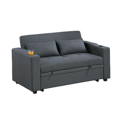 Linen-like Fabric Upholstered Adjustable Backrest Sofa with Cupholders