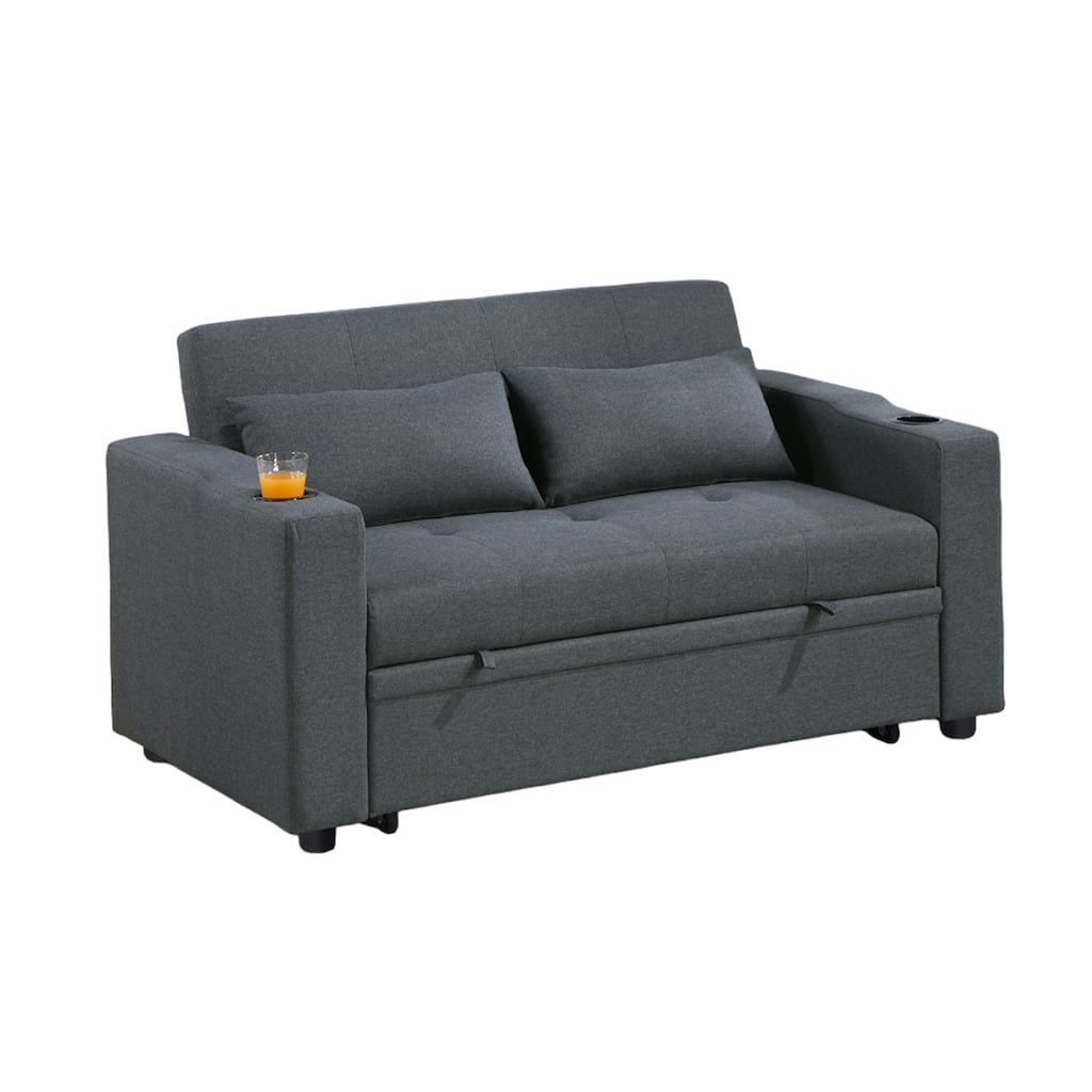 Linen-like Fabric Upholstered Adjustable Backrest Sofa with Cupholders
