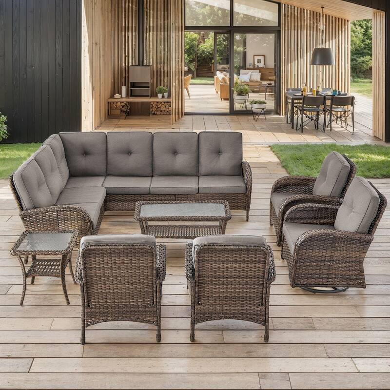 Outdoor Sectional Sofa with Cushion Funiture Set - Brwon Wicker Grey Cushion - 8PCS Sectional Sofa w/ Swivel Chair Patio Chair