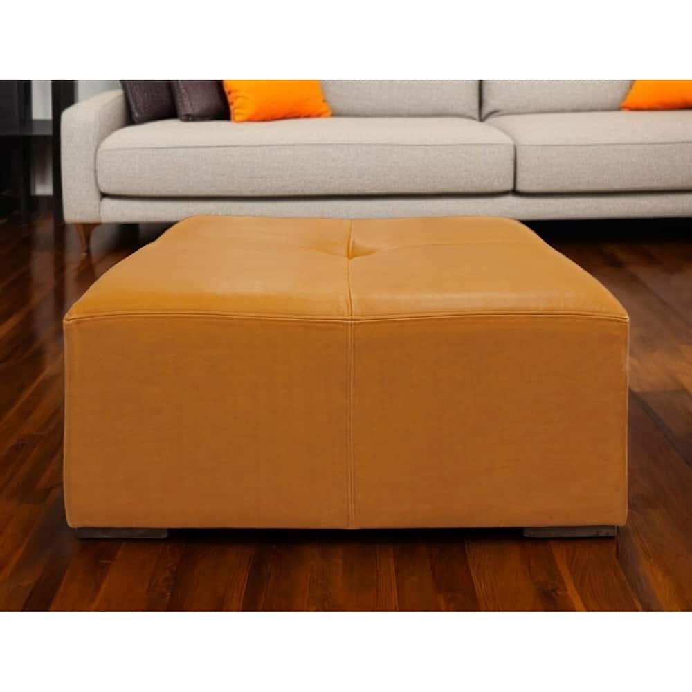 HomeRoots 36" Orange Genuine Leather And Solid Wood Square Cocktail Table - 36' X '18' X '36