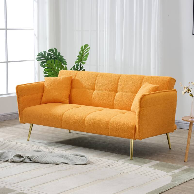 Convertible Sofa Couch Sleeper Sofa with Adjustable Backrest, Yellow Velvet Folding Sofa Bed with Wood Frame