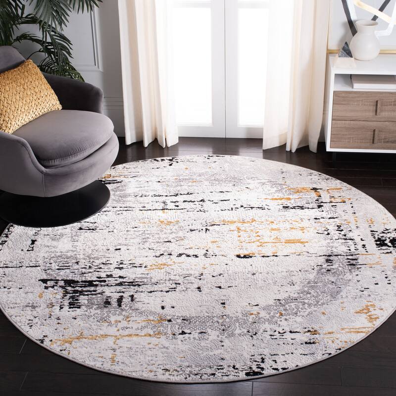 SAFAVIEH Amelia Afaf Abstract Distressed Rug - 6'7" Round - Grey/Gold